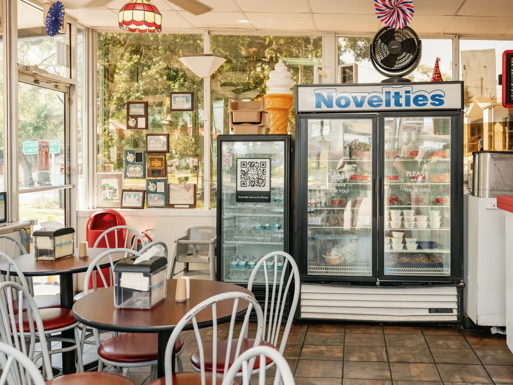 Dining room tables and ice cream coolers at Campbell's Dairyland