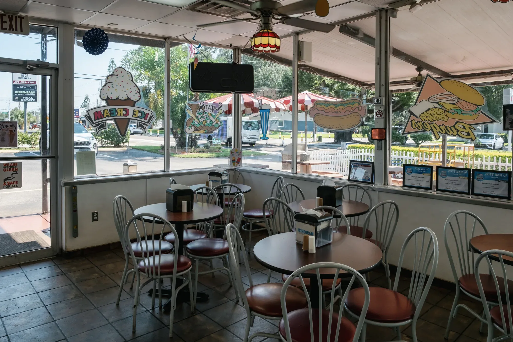 Vintage food and ice cream window decals inside Campbell's Dairyland