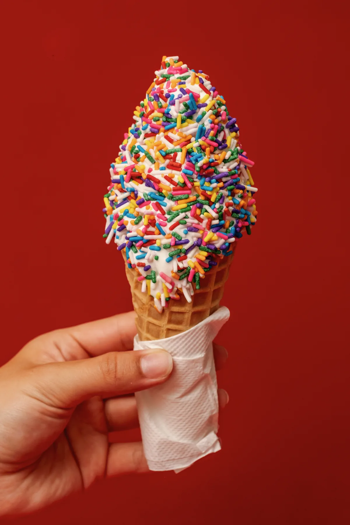 Rainbow sprinkle soft-serve cone at Campbell's Dairyland