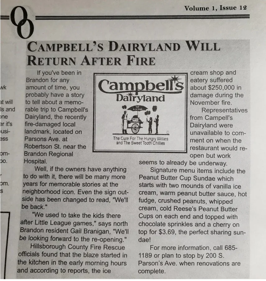 Historic newspaper clipping announcing that Campbell’s Dairyland would return after the 2002 fire.