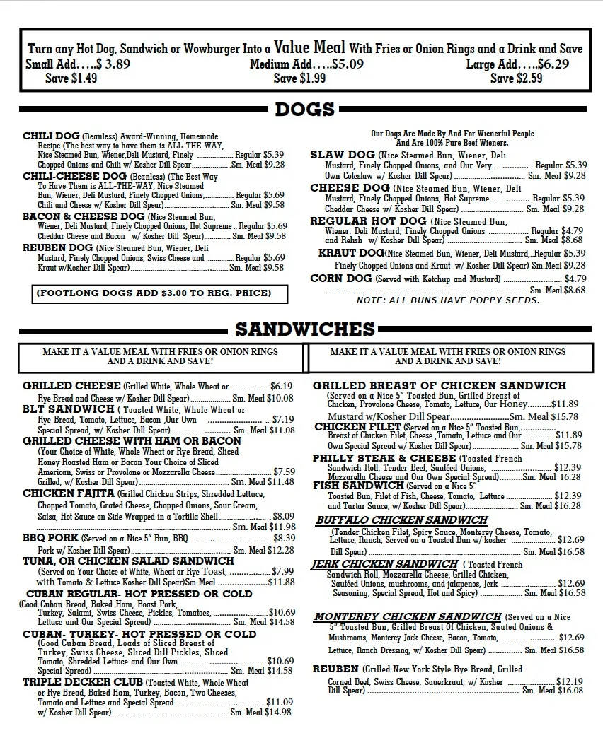 Campbell's Dairyland hot dogs and sandwiches menu board
