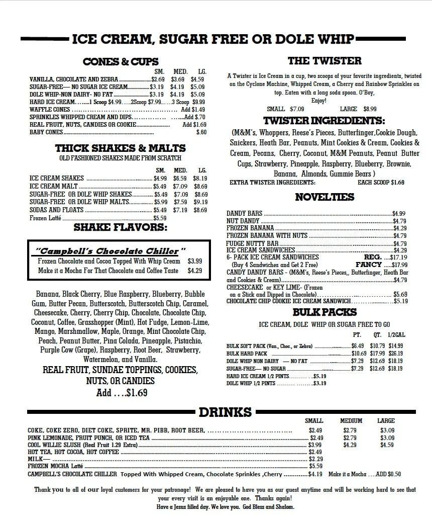 Campbell's Dairyland ice cream menu board